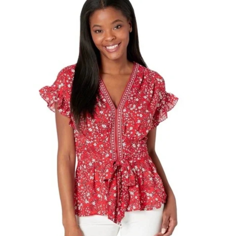 Max Studio Georgette Floral Peplum Blouse Short Ruffle Sleeve Tie Front V-Neck
